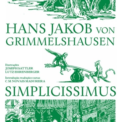 Capa de livro Simplicissimus com texto e ilustrações verdes em fundo branco