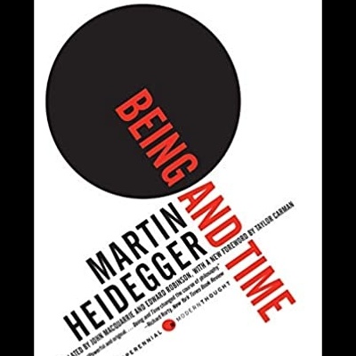 Capa de livro 'Being and Time' de Martin Heidegger em fundo branco com círculo preto.