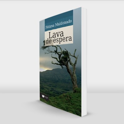 Livro 'Lava de espera' de Flávia Vulcano com árvore seca em montanha verde