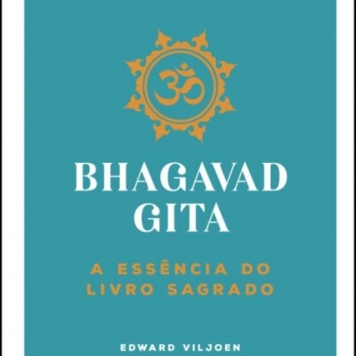 Capa de livro Bhagavad Gita com texto e símbolo hindu