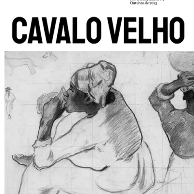 Capa do almanaque CAVALO VELHO com ilustração a carvão de pessoa sentada