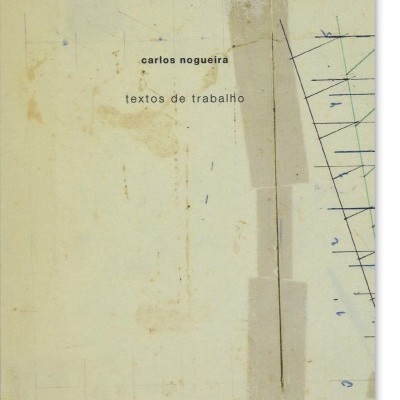 Capa de livro bege com texto 'carlos nogueira textos de trabalho' e ilustrações manuscritas ao lado
