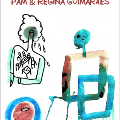 Ilustração abstrata com texto CASAMATA PAM & REGINA GUIMARÃES em fundo branco