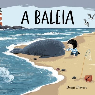 Capa de livro 'A BALEIA' com ilustração de baleia na praia e menino