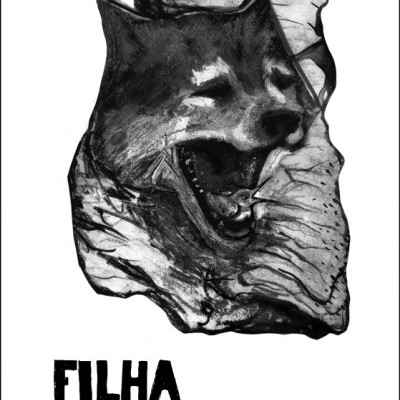 Capa de livro com cabeça de cão em preto e branco e texto FILHA FEBRIL Catarina Santiago Costa