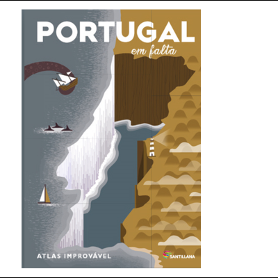 Ilustração do atlas Portugal com falésias, farol, mar e barcos em tons cinzentos e castanhos.