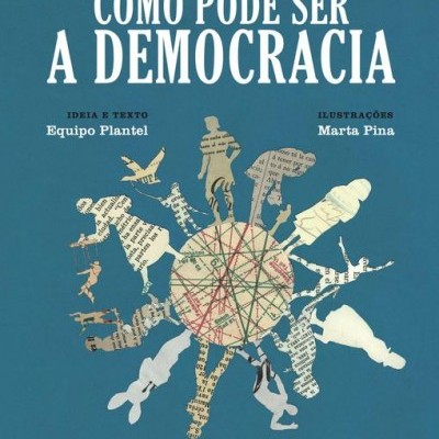 Capa de livro azul com título branco e ilustrações de figuras humanas de recortes de jornal