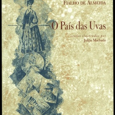 Capa de livro O País das Uvas de Fialho de Almeida com ilustrações vintage em azul