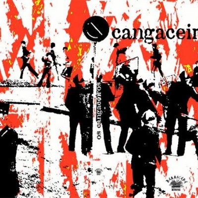 Imagem estilizada com texto OS Cangraceiros e figuras humanas em preto, branco e vermelho