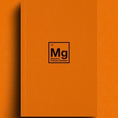 Caderno de capa dura laranja com texto preto com símbolo químico Mg