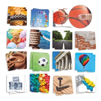 Imãs quadrados com várias imagens coloridas de objetos e texturas