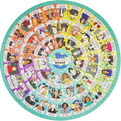 Puzzle redondo com ilustrações coloridas de mulheres inspiradoras e texto central