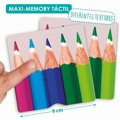 Cartão tátil com lápis coloridos e texto Maxi-Memory Tátil e Diferentes Texturas