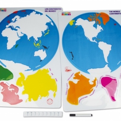 Dois quadros magnéticos do mapa-múndi com continentes coloridos destacáveis