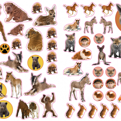 Autocolantes variados de animais selvagens e domésticos em várias poses e cores naturais.