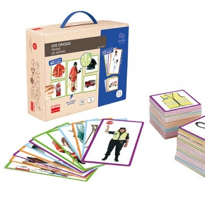 Cartas educativas de profissões Akros com caixa de cartão e pega azul