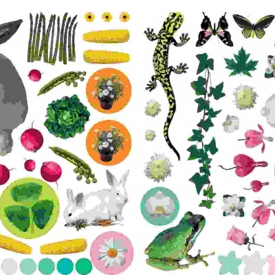 Elementos primaveris coloridos com animais, flores, vegetais e etiquetas 'Spring'.