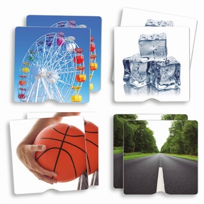 Cartões quadrados com imagens de roda gigante, cubos de gelo, bola de basquetebol e estrada