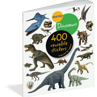 Livro de stickers reutilizáveis com dinossauros coloridos e texto promocional.