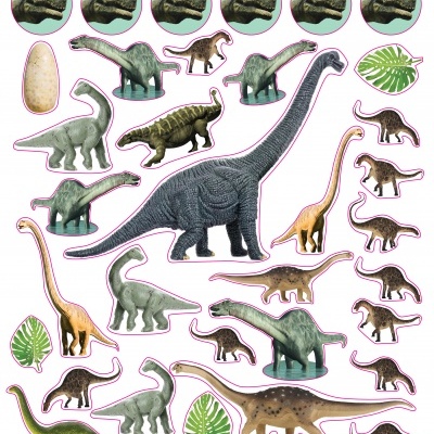 Autocolantes coloridos de dinossauros com folhas e ovo