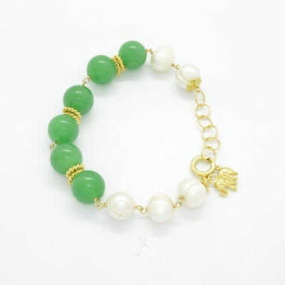 Pulseira de perolas barrocas 10mm pedras naturais agata verde 12mm c/aplicações Prata 925 com banho de ouro P1358 DV