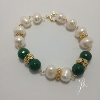 Pulseira de perolas barrocas 10mm pedras naturais agata verde 10mm c/aplicações Prata 925 com banho de ouro P1362 DV2