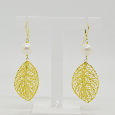 Brincos folha de filigrana e pérolas Prata 925 B801DV