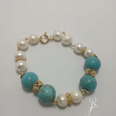 Pulseira de pérolas barrocas 10mm pedras naturais turquesa 14mm c/aplicações Prata 925 com banho de ouro P1363 DV
