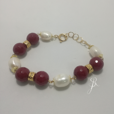 Pulseira prata 925 com banho de ouro,pérolas barrocas e  pedras naturais rubilite e zirconias P1349 DV