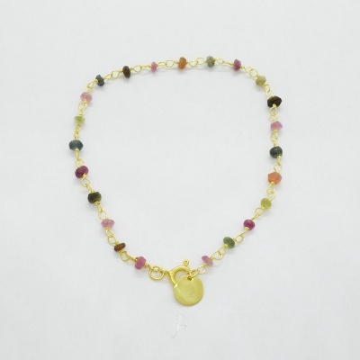 Pulseira amarração dupla a terço  pedras naturais turmalinas prata 925 com banho de ouro P1138 DV