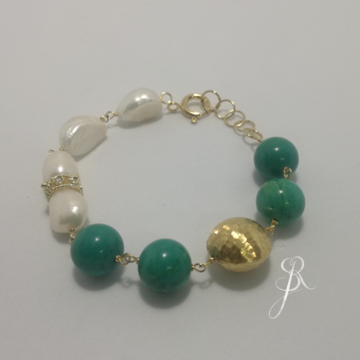 Pulseira Prata 925 com banho de ouro pérolas barrocas e pedras turquesa P1354 DV