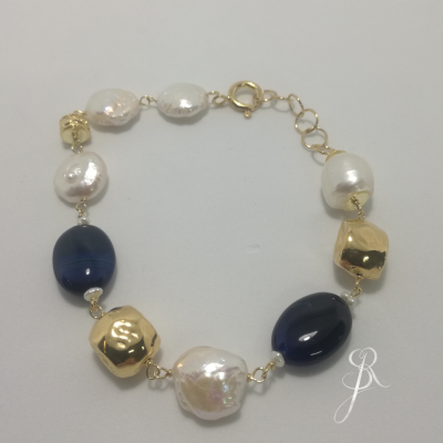 Pulseira de Prata 925 com banho de ouro pérolas e pedra natural gata azul P1350 DV