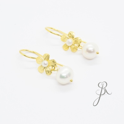 Brincos flores e pérolas naturais prata 925 com banho de ouro 59B14 DV