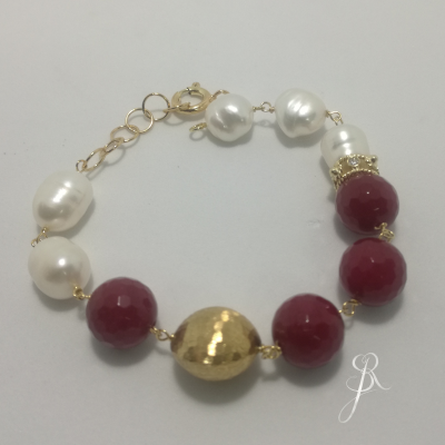Pulseira prata 925 com banho de ouro,pérolas barrocas e  pedras naturais rubilite e zirconias P1348 DV