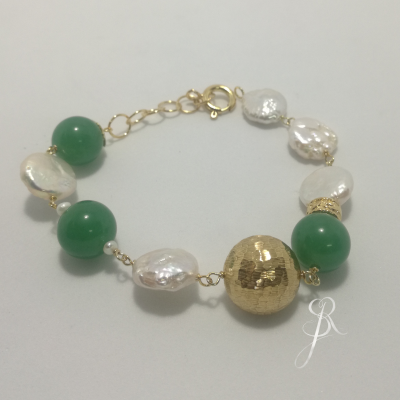 Pulseira Prata 925 com banho de ouro pérolas barrocas e pedra natural jade P1344 DV