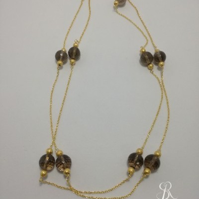 Colar malha bolas e bolas de Prata 925 pedras Quartz Fume 12 mm com banho de ouro C1216 DV