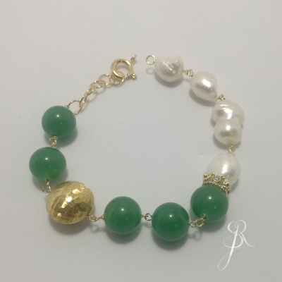 Pulseira Prata 925 com banho de ouro pérolas barrocas e pedra natural jade P1346 DV