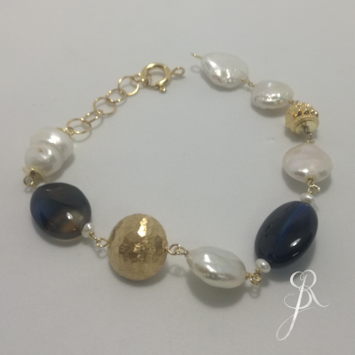 Pulseira de Prata 925 com banho de ouro pérolas e pedra natural gata azul P1351 DV