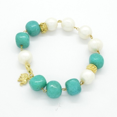 Pulseira de perolas barrocas 12mm pedras naturais turquesa 14mm c/aplicações Prata 925 com banho de ouro P1355 DV