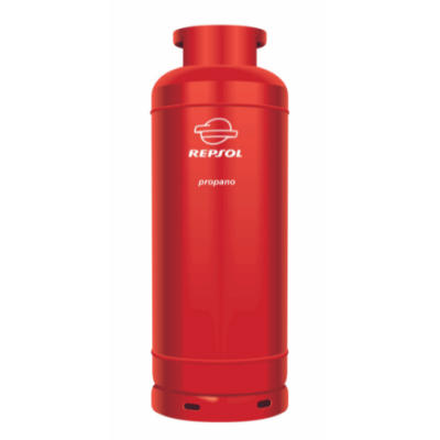 Botija de gás propano vermelha da marca REPSOL com texto branco