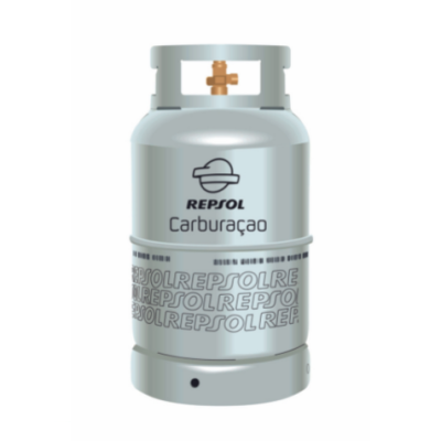 Botija de gás metálica cinza com texto REPSOL Carburação