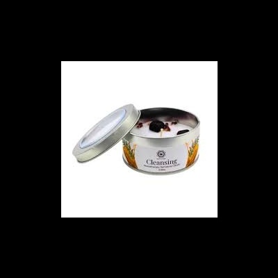 Vela aromática dentro de lata metálica branca com tampa prateada e texto 'Cleansing'