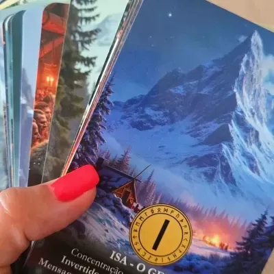 Carta de tarô com imagem de montanha nevada e texto em português.