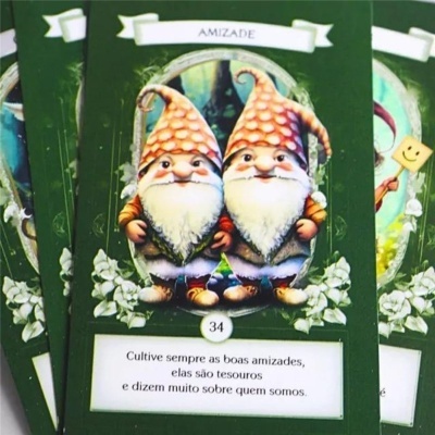 Cartão com dois gnomos sorridentes, moldura verde e texto em português sobre amizades