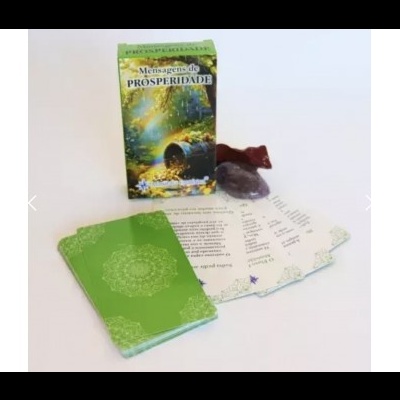 Baralho de cartas 'Mensagem de PROSPERIDADE' com caixa verde e pedras decorativas