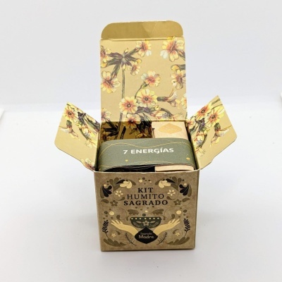 Caixa decorativa aberta com texto e padrão floral