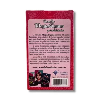 Caixa vermelha de baralho Magia Cigana com texto explicativo e código de barras