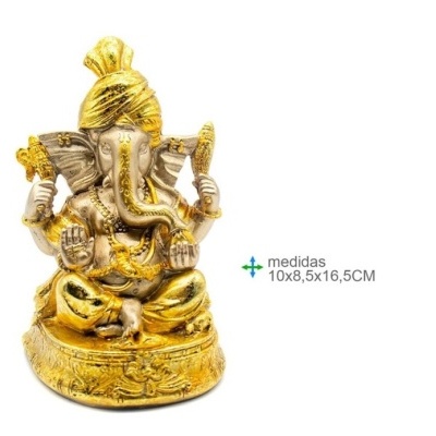 Estátua decorativa de Ganesha dourada e prateada com detalhes em relevo