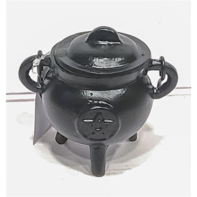 Miniatura de caldeirão de metal preto com alças e tampa