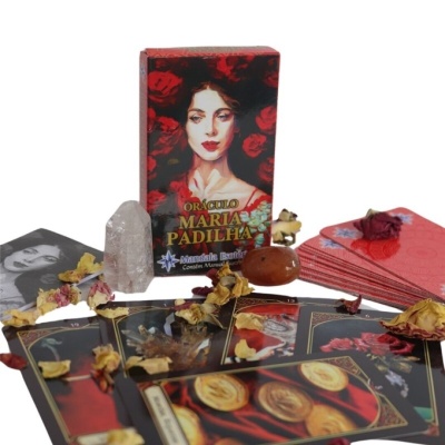 Baralho de tarot Oraculo Maria Padilha com caixa vermelha, cartas, cristal branco e flores secas